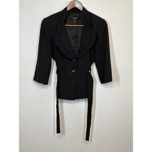 T.Milano Y2K 90s Blazer 8P Black Ruffle Collar Tie Whimsigoth Dark Romantic